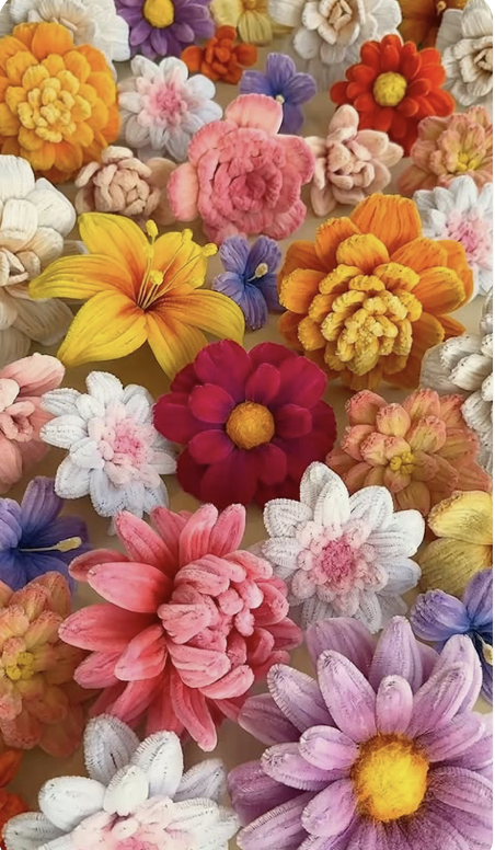 Handcrafted pipe-cleaner flower bouquets flatlay